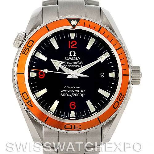 The Omega Planet Ocean 2909.50 Men's Stainless Steel Black Dial 2909.50 Men's Stainless Steel Black Dial watch is shown from the front, displaying the dial, bezel, and bracelet.