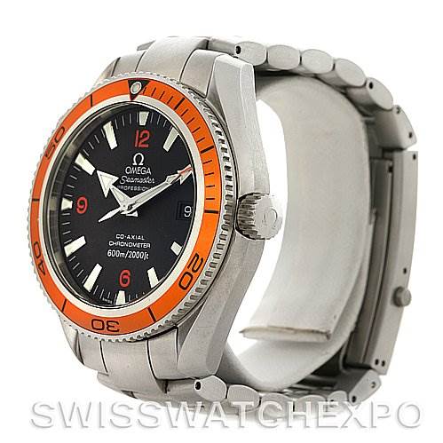 This image shows a side view of the Omega Planet Ocean 2909.50 Men's Stainless Steel Black Dial 2909.50 Men's Stainless Steel Black Dial watch, featuring its case, crown, bezel, and part of the bracelet.