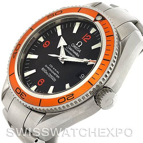 This image shows the Omega Planet Ocean 2909.50 Men's Stainless Steel Black Dial 2909.50 Men's Stainless Steel Black Dial watch at an angle displaying the face, bezel, crown, and part of the bracelet.