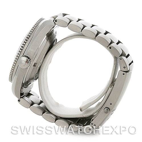 The image shows a side view of the Omega Planet Ocean 2909.50 Men's Stainless Steel Black Dial 2909.50 Men's Stainless Steel Black Dial watch, highlighting the bracelet and crown.