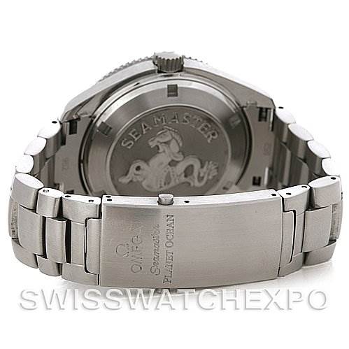 The image shows the back view of the Omega Planet Ocean 2909.50 Men's Stainless Steel Black Dial 2909.50 Men's Stainless Steel Black Dial watch, highlighting the case back and stainless steel bracelet.