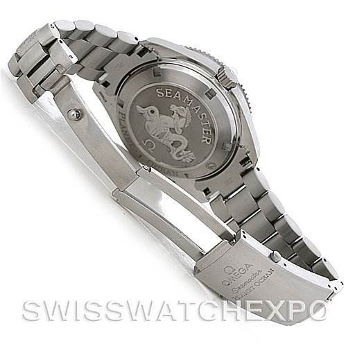 This image shows the back and clasp of the Omega Planet Ocean 2909.50 Men's Stainless Steel Black Dial 2909.50 Men's Stainless Steel Black Dial Seamaster watch, highlighting its metal bracelet and engraved case back.