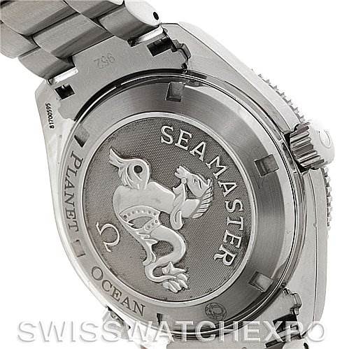 The image shows the case back and side of the Omega Planet Ocean 2909.50 Men's Stainless Steel Black Dial 2909.50 Men's Stainless Steel Black Dial watch, displaying the Seamaster engraving and stainless steel bracelet.