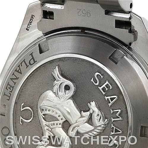 The image shows the back case of an Omega Planet Ocean 2909.50 Men's Stainless Steel Black Dial 2909.50 Men's Stainless Steel Black Dial watch, featuring the engraved "Seamaster" emblem and branding.