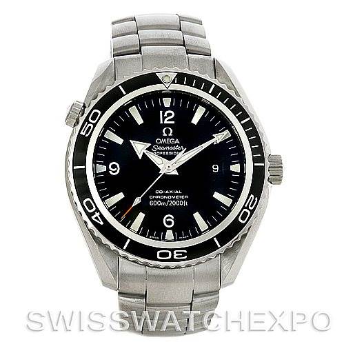 The image shows a frontal view of the Omega Planet Ocean 2200.50 Men's Stainless Steel Black Dial 2200.50 Men's Stainless Steel Black Dial watch, displaying its dial, bezel, crown, and bracelet.