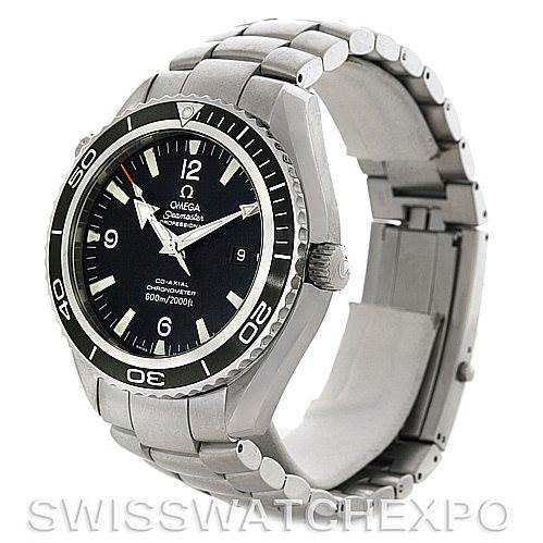 This image shows an angled view of the Omega Planet Ocean 2200.50 Men's Stainless Steel Black Dial 2200.50 Men's Stainless Steel Black Dial watch, displaying the bezel, dial, bracelet, and side crown.