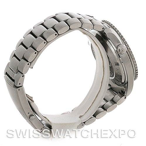 The image shows a side view of the Omega Planet Ocean 2200.50 Men's Stainless Steel Black Dial 2200.50 Men's Stainless Steel Black Dial watch, focusing on its metal bracelet and case profile.