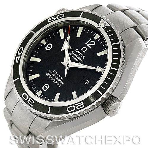 The image shows an angled view of the Omega Planet Ocean 2200.50 Men's Stainless Steel Black Dial 2200.50 Men's Stainless Steel Black Dial watch, highlighting its bezel, dial, and stainless steel bracelet.