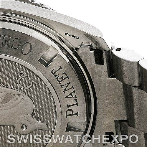 This image shows the case back and part of the bracelet of an Omega Planet Ocean 2200.50 Men's Stainless Steel Black Dial 2200.50 Men's Stainless Steel Black Dial watch from an oblique angle.