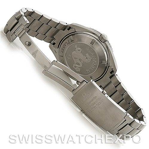 This image shows the back and clasp of an Omega Planet Ocean 2200.50 Men's Stainless Steel Black Dial 2200.50 Men's Stainless Steel Black Dial watch, displaying its stainless steel bracelet and the case back engraving.