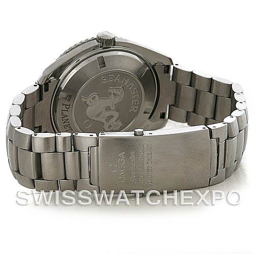 This image shows the back view of the Omega Planet Ocean 2200.50 Men's Stainless Steel Black Dial 2200.50 Men's Stainless Steel Black Dial watch, highlighting the case back, bracelet, and clasp.