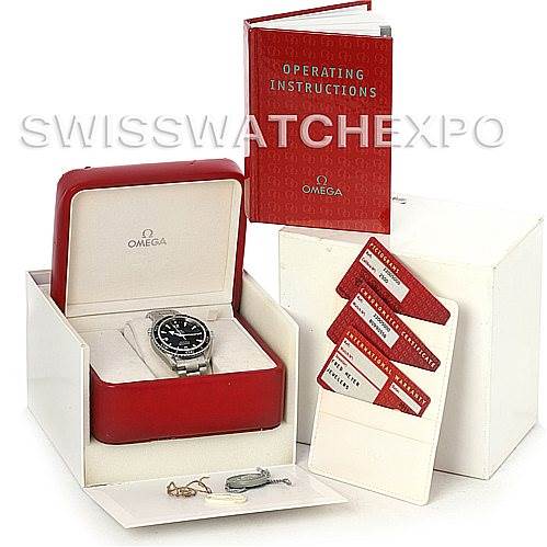 The image shows an Omega Planet Ocean 2200.50 Men's Stainless Steel Black Dial 2200.50 Men's Stainless Steel Black Dial watch with its red box, operating instructions, warranty cards, and additional accessories.