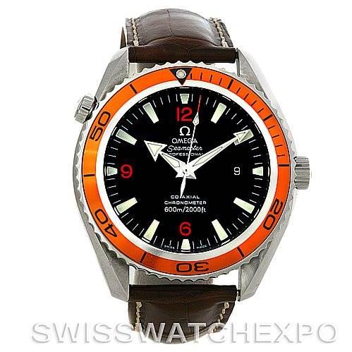 The image shows the Omega Planet Ocean 2908.50.91 Men's Stainless Steel Black Dial 2908.50.91 Men's Stainless Steel Black Dial watch from a front angle, highlighting its orange bezel, black dial, and leather strap.