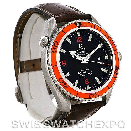 The image shows an angled view of the Omega Planet Ocean 2908.50.91 Men's Stainless Steel Black Dial 2908.50.91 Men's Stainless Steel Black Dial watch, highlighting the dial, bezel, and part of the leather strap.