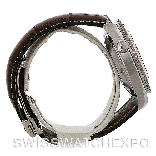 The image shows a side view of the Omega Planet Ocean 2908.50.91 Men's Stainless Steel Black Dial 2908.50.91 Men's Stainless Steel Black Dial watch, displaying its case, bezel, crown, and leather strap.