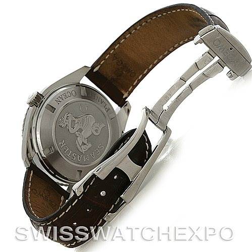 The image shows the back and clasp of an Omega Planet Ocean 2908.50.91 Men's Stainless Steel Black Dial 2908.50.91 Men's Stainless Steel Black Dial watch, highlighting its engraved case back and leather strap.