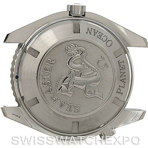 The image shows the case back of an Omega Planet Ocean 2908.50.91 Men's Stainless Steel Black Dial 2908.50.91 Men's Stainless Steel Black Dial watch, featuring its distinct engravings and logo.