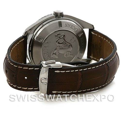 The image shows the back and strap of the Omega Planet Ocean 2908.50.91 Men's Stainless Steel Black Dial 2908.50.91 Men's Stainless Steel Black Dial watch, highlighting the engraved case back and buckle.