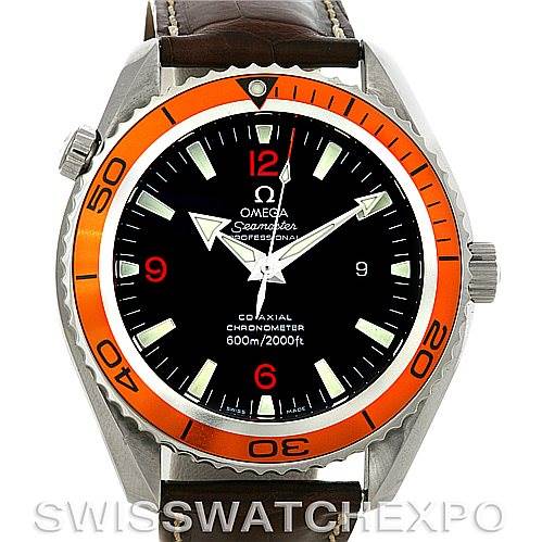 Front view of the Omega Planet Ocean 2908.50.91 Men's Stainless Steel Black Dial 2908.50.91 Men's Stainless Steel Black Dial watch showing the dial, bezel, crown, and leather strap.