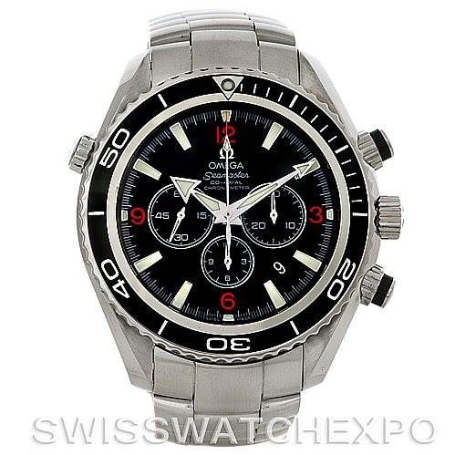 The image shows a front view of the Omega Planet Ocean 2210.51.00 Men's Stainless Steel Black Dial 2210.51.00 Men's Stainless Steel Black Dial watch, highlighting the dial, bezel, and metal bracelet.