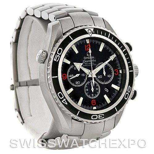 The Omega Planet Ocean 2210.51.00 Men's Stainless Steel Black Dial 2210.51.00 Men's Stainless Steel Black Dial watch is shown at a three-quarter angle, highlighting its bezel, dial, and stainless steel bracelet.