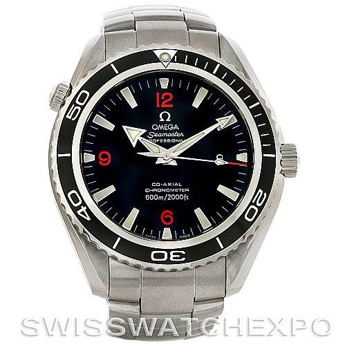 The Omega Planet Ocean 2209.50.00 Men
s Stainless Steel Black Dial 2209.50.00 Men
s Stainless Steel Black Dial watch is shown from the front, displaying the face, bezel, case, and bracelet.