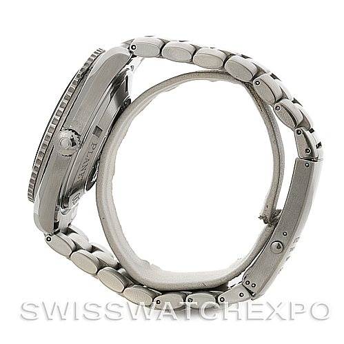 The Omega Planet Ocean 2209.50.00 Men
s Stainless Steel Black Dial 2209.50.00 Men
s Stainless Steel Black Dial watch is shown from the side, highlighting its case, crown, and metal bracelet.