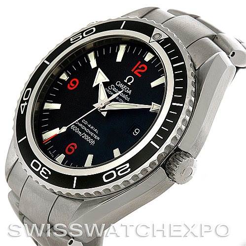 The Omega Planet Ocean 2209.50.00 Men
s Stainless Steel Black Dial 2209.50.00 Men
s Stainless Steel Black Dial watch is shown at an oblique angle, highlighting the bezel, dial, and stainless steel bracelet.