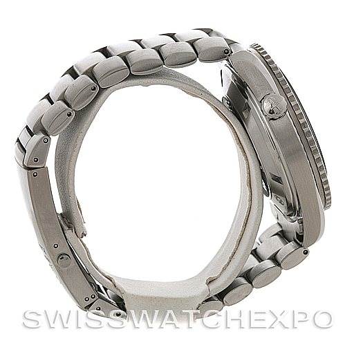 The Omega Planet Ocean 2209.50.00 Men
s Stainless Steel Black Dial 2209.50.00 Men
s Stainless Steel Black Dial watch is shown from the side, highlighting the bracelet, case side, bezel, and crown.