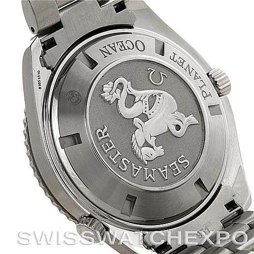 The image shows the back case of an Omega Planet Ocean 2209.50.00 Men
s Stainless Steel Black Dial 2209.50.00 Men
s Stainless Steel Black Dial watch, featuring the Seamaster emblem.