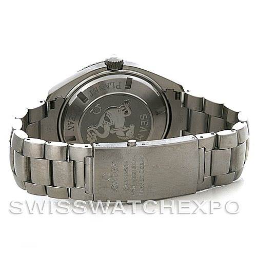 The image shows the back case and bracelet of the Omega Planet Ocean 2209.50.00 Men
s Stainless Steel Black Dial 2209.50.00 Men
s Stainless Steel Black Dial watch at an angled rear view.