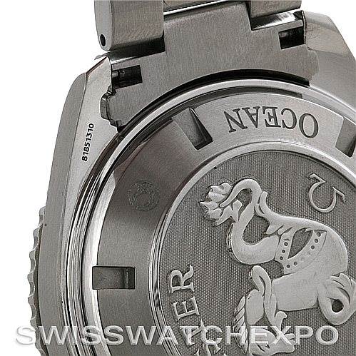 The image shows the case back and part of the bracelet of an Omega Planet Ocean 2209.50.00 Men
s Stainless Steel Black Dial 2209.50.00 Men
s Stainless Steel Black Dial watch.