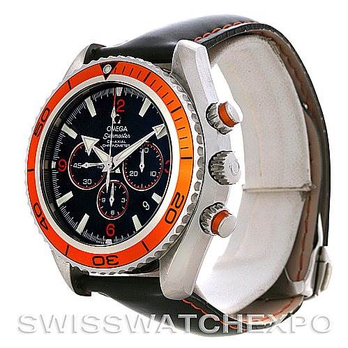 The image displays an angled view of the Omega Planet Ocean 2918.50.82 Men
s Stainless Steel Black Dial 2918.50.82 Men
s Stainless Steel Black Dial watch, focusing on the face, bezel, and side buttons with a leather strap.