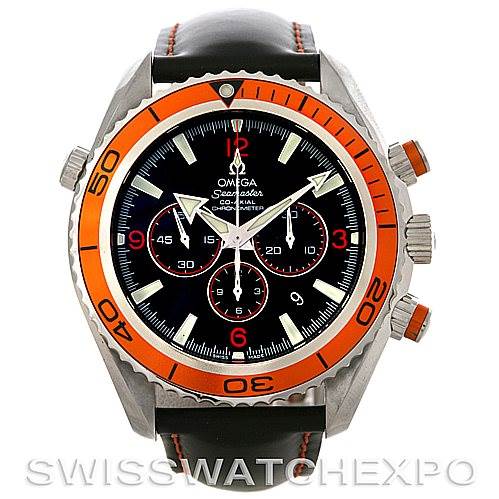 The image shows a front view of the Omega Planet Ocean 2918.50.82 Men
s Stainless Steel Black Dial 2918.50.82 Men
s Stainless Steel Black Dial watch, featuring its black dial, orange bezel, and chronograph functionalities.