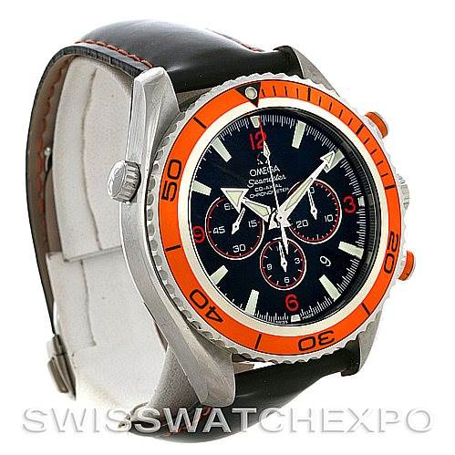 The Omega Planet Ocean 2918.50.82 Men
s Stainless Steel Black Dial 2918.50.82 Men
s Stainless Steel Black Dial watch is shown at a slight side angle, highlighting its orange bezel, black dial, and leather strap.