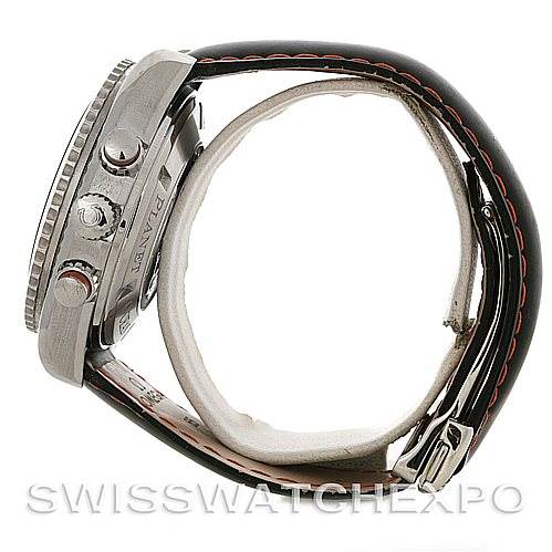 The image shows a side view of the Omega Planet Ocean 2918.50.82 Men
s Stainless Steel Black Dial 2918.50.82 Men
s Stainless Steel Black Dial watch, highlighting its case, crown, and part of the strap.