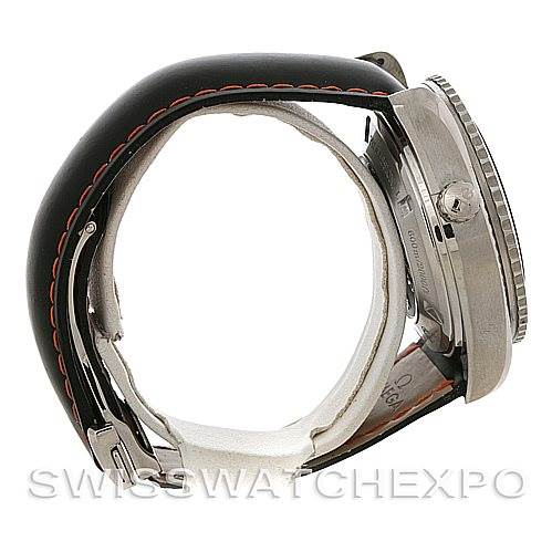 The image shows a side view of the Omega Planet Ocean 2918.50.82 Men
s Stainless Steel Black Dial 2918.50.82 Men
s Stainless Steel Black Dial watch, highlighting the case, bezel, crown, and part of the strap.