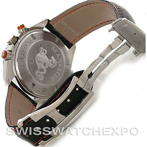 The image shows the back and clasp of an Omega Planet Ocean 2918.50.82 Men
s Stainless Steel Black Dial 2918.50.82 Men
s Stainless Steel Black Dial watch, highlighting the case back and deployant clasp.