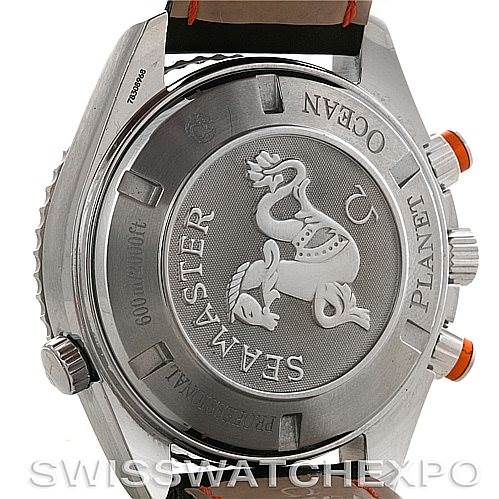 This image shows the back case of an Omega Planet Ocean 2918.50.82 Men
s Stainless Steel Black Dial 2918.50.82 Men
s Stainless Steel Black Dial watch, featuring the Seamaster engraving and branding.