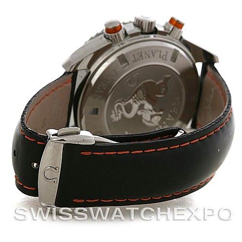 The image shows the back case and partially the leather strap of the Omega Planet Ocean 2918.50.82 Men
s Stainless Steel Black Dial 2918.50.82 Men
s Stainless Steel Black Dial watch, including the clasp.