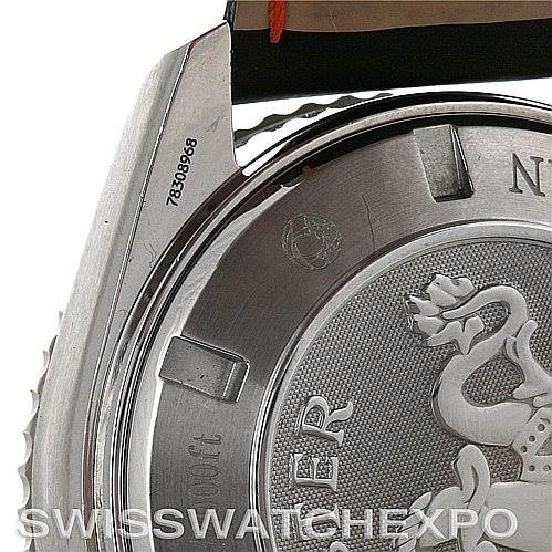 This image shows the case back and partial bezel of the Omega Planet Ocean 2918.50.82 Men
s Stainless Steel Black Dial 2918.50.82 Men
s Stainless Steel Black Dial watch, highlighting the sea horse emblem and serial number.