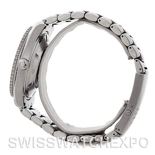 The side profile of the Omega Planet Ocean 2200.50.00 Men's Stainless Steel Black Dial 2200.50.00 Men's Stainless Steel Black Dial watch shows its case, bezel, and stainless steel bracelet.