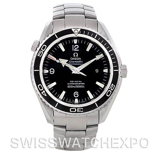 The image shows a front view of the Omega Planet Ocean 2200.50.00 Men's Stainless Steel Black Dial 2200.50.00 Men's Stainless Steel Black Dial watch, displaying the face, bezel, crown, and part of the bracelet.