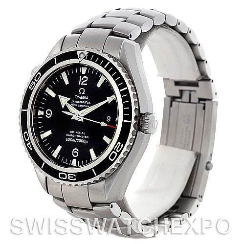 The image shows the Omega Planet Ocean 2200.50.00 Men's Stainless Steel Black Dial 2200.50.00 Men's Stainless Steel Black Dial watch at a three-quarter angle, highlighting the face, bezel, crown, and part of the bracelet.