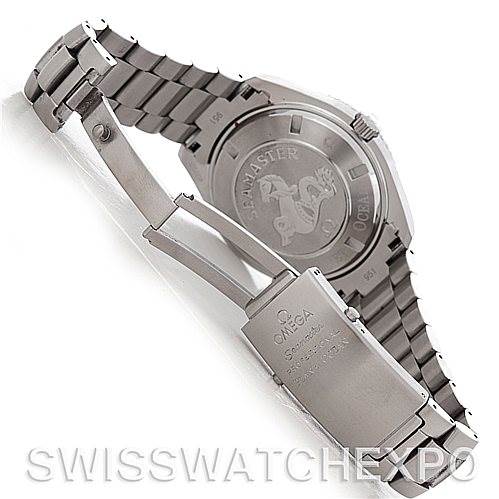 This image shows the bracelet, clasp, and case back of the Omega Planet Ocean 2200.50.00 Men's Stainless Steel Black Dial 2200.50.00 Men's Stainless Steel Black Dial watch from an angled rear view.