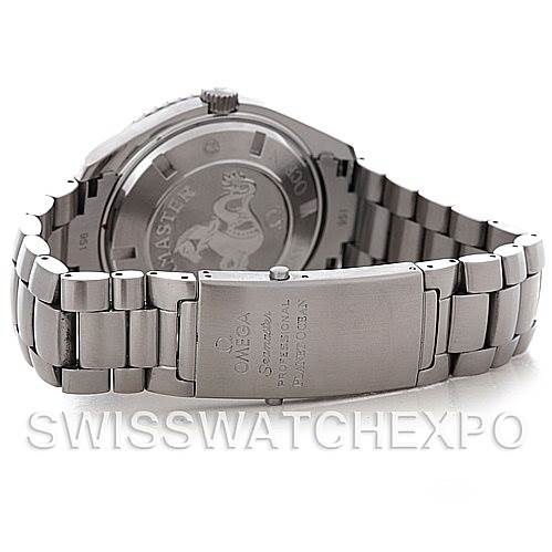 The image shows the backside and clasp of an Omega Planet Ocean 2200.50.00 Men's Stainless Steel Black Dial 2200.50.00 Men's Stainless Steel Black Dial watch, highlighting the bracelet, case back, and clasp engraving.