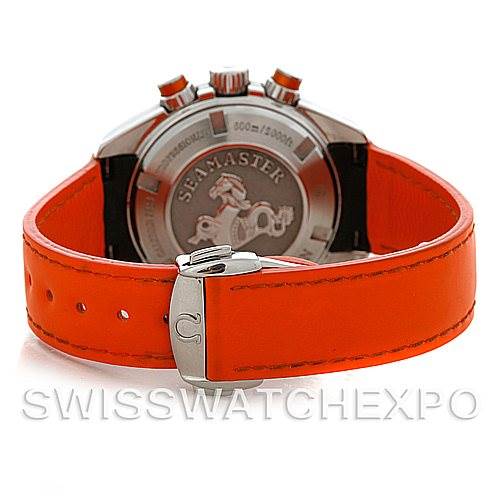 The image shows the back view of the Omega Planet Ocean 222.32.38.50.01.003 Women
s Stainless Steel Black Dial 222.32.38.50.01.003 Women
s Stainless Steel Black Dial watch with an orange leather strap and the Seamaster inscription.