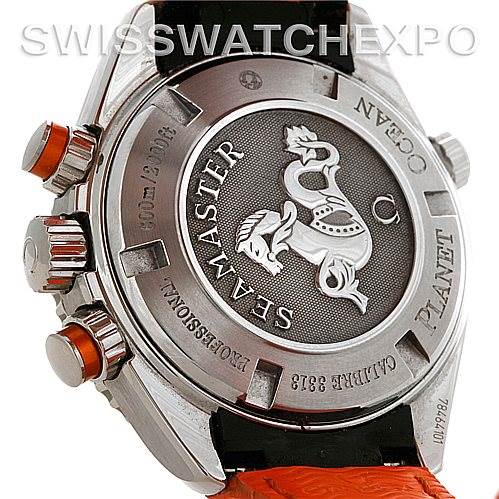 The image shows the back case and side of the Omega Planet Ocean 222.32.38.50.01.003 Women
s Stainless Steel Black Dial 222.32.38.50.01.003 Women
s Stainless Steel Black Dial watch, highlighting the engravings and pushers.