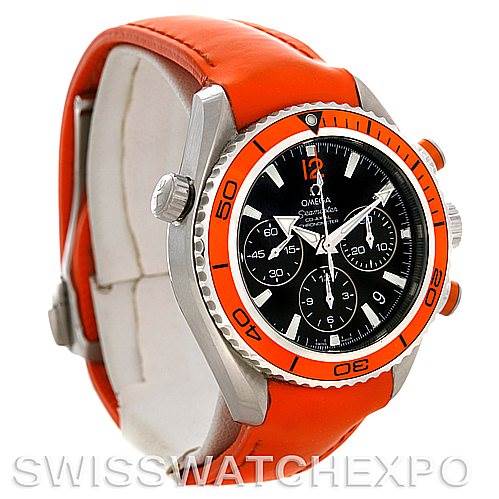 The Omega Planet Ocean 222.32.38.50.01.003 Women
s Stainless Steel Black Dial 222.32.38.50.01.003 Women
s Stainless Steel Black Dial watch is shown from an angled side view, highlighting its orange bezel, crown, and orange strap.