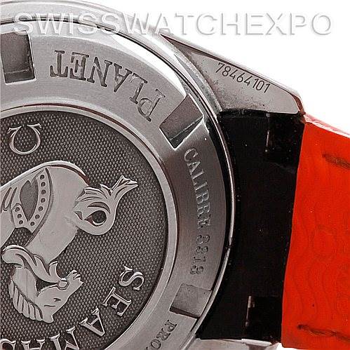 This image shows the case back and serial number of an Omega Planet Ocean 222.32.38.50.01.003 Women
s Stainless Steel Black Dial 222.32.38.50.01.003 Women
s Stainless Steel Black Dial watch, highlighting the "Seamaster" engraving and orange strap.